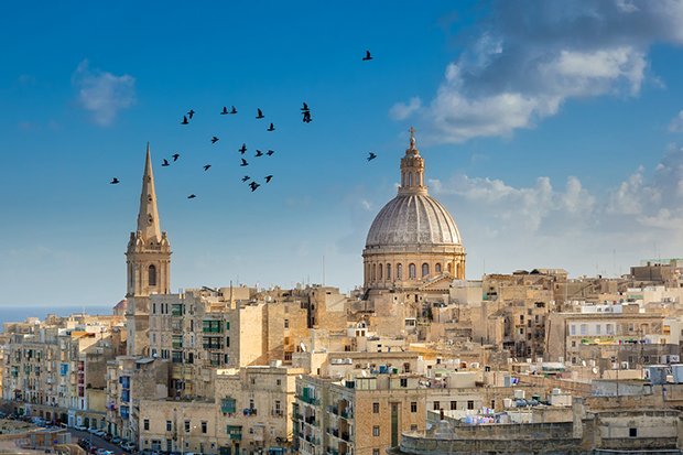 Die maltesische Hauptstadt Valetta über die ein Vogelschwarm fliegt