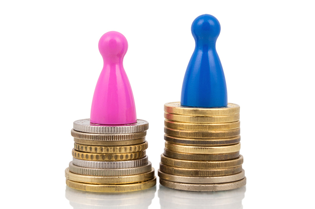Pink and blue figures on coin stacks