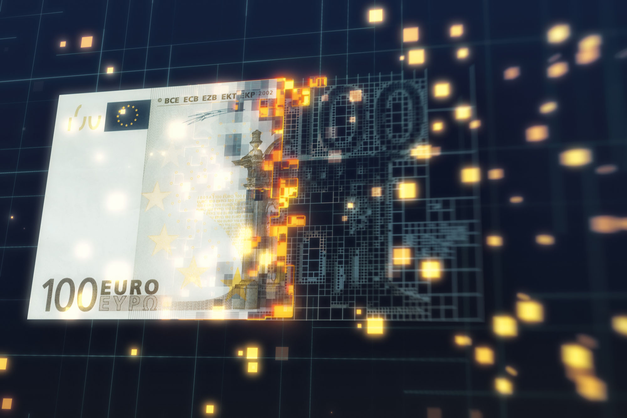 Digital work of Euro paper currency transfer or cryptocurrency mining