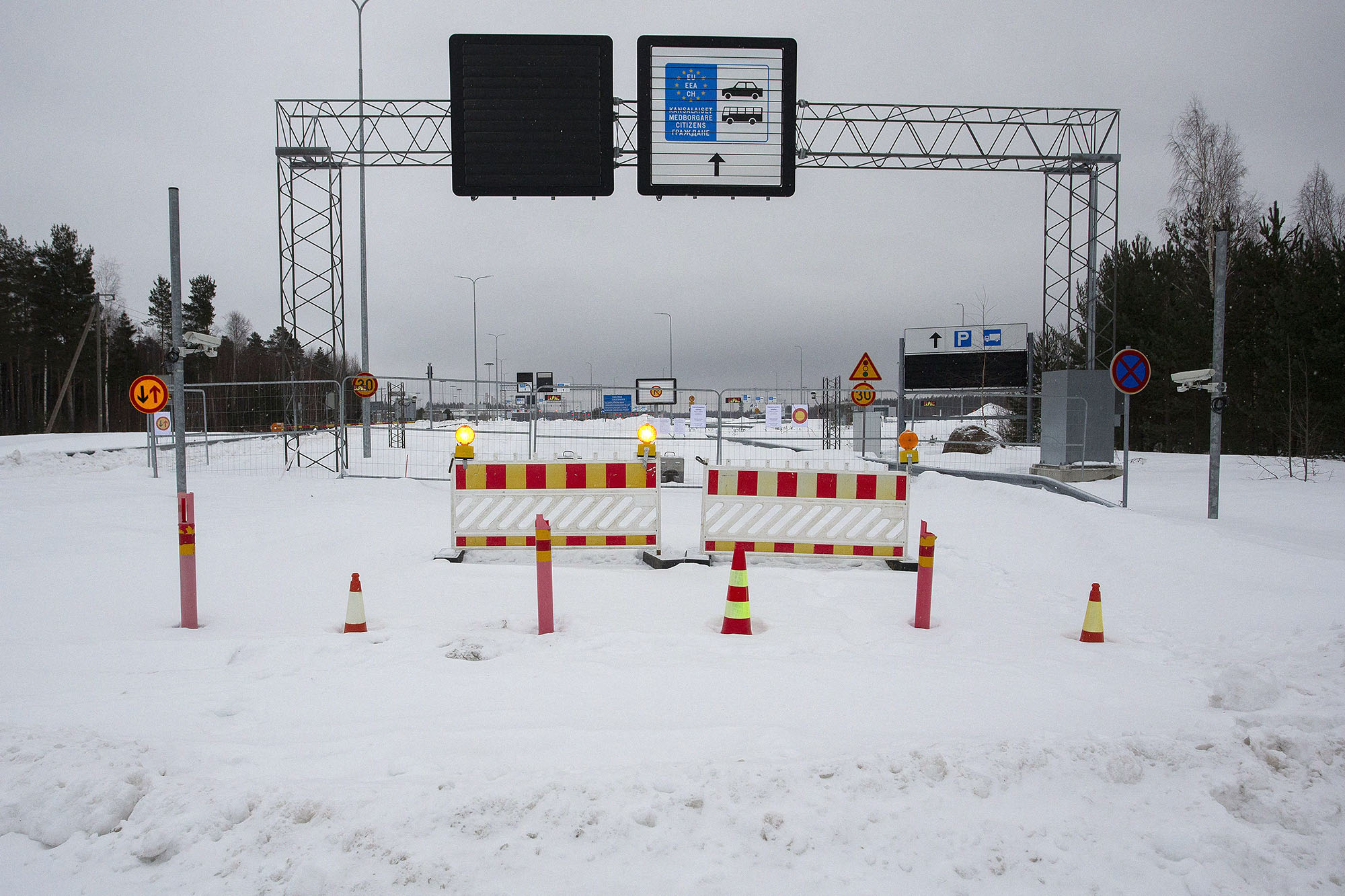 A photo shows the closed Vaalimaa border check point between Finland and Russia in Virolahti, Finland