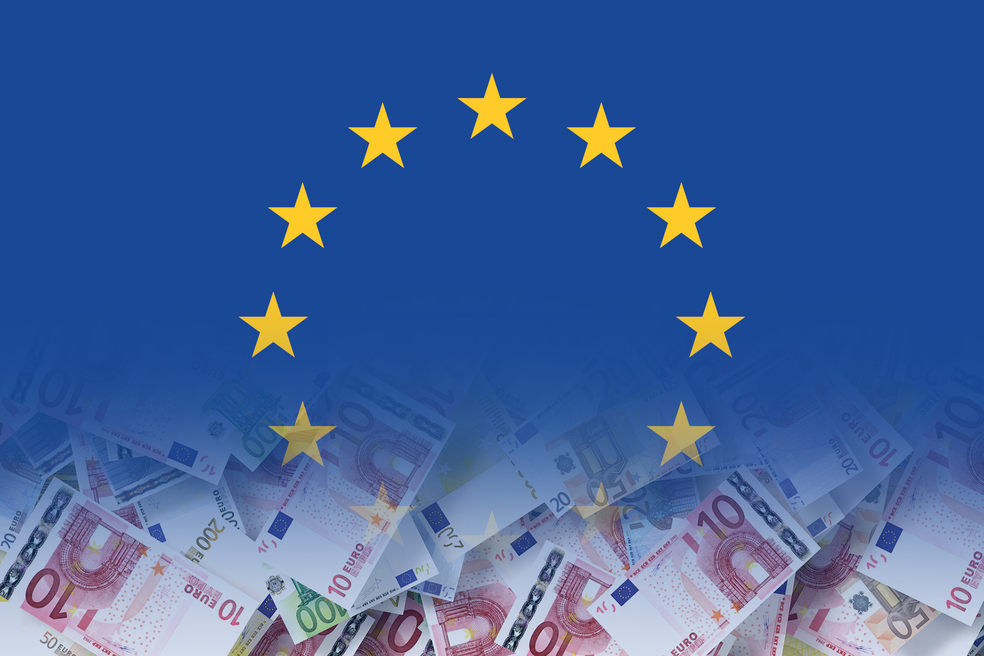 Euro cash banknotes and EU flag