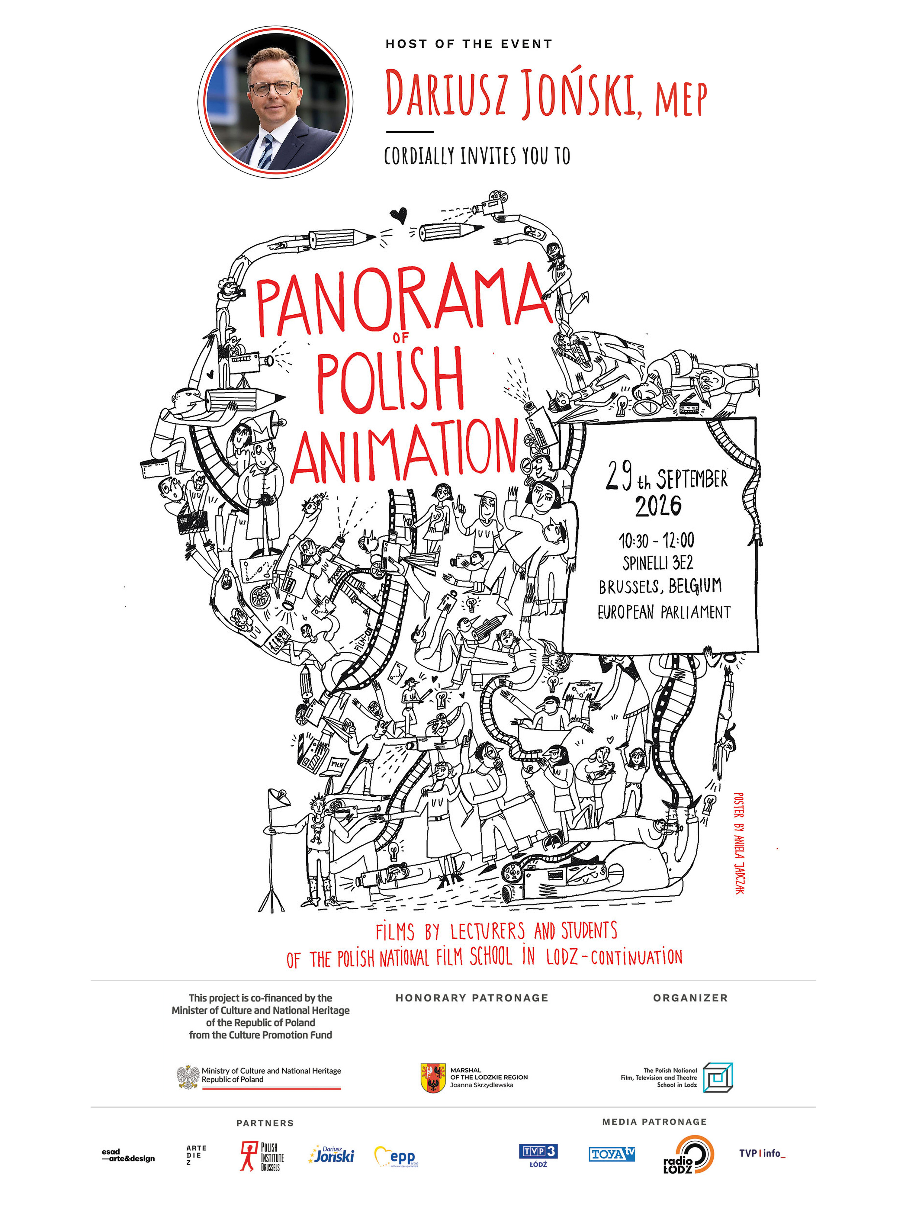 Plakat wydarzenia „Panorama of Polish Animation”, 29 września 2026, godz. 10:30–12:00, Parlament Europejski, sala Spinelli 3E2, Bruksela. Gospodarz: europoseł Dariusz Joński.