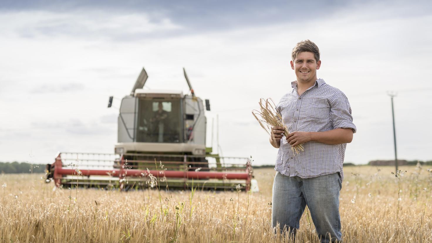 Muž na pšeničnom poli stojí pred traktorom