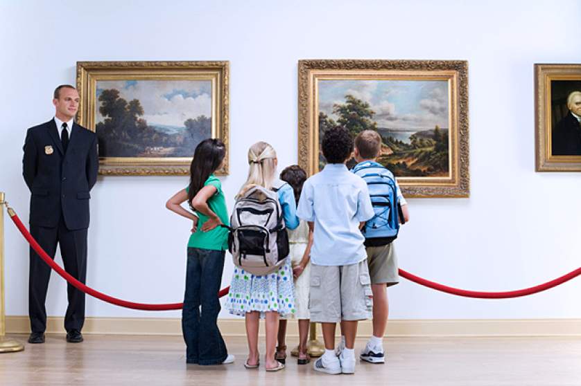 Security Guard and Elementary Students at Art Gallery