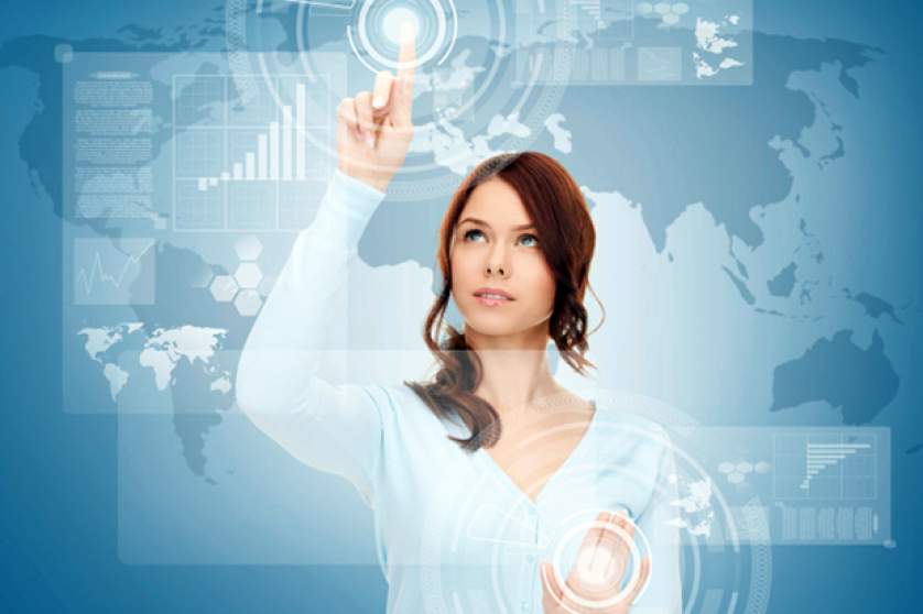 Business woman touching virtual screen