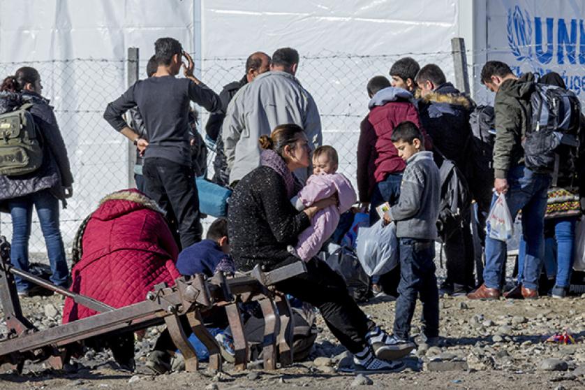 Refugees waiting to register at the Macedonian border with Greece
