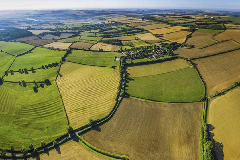 Picturesque aerial view over fields rural villages