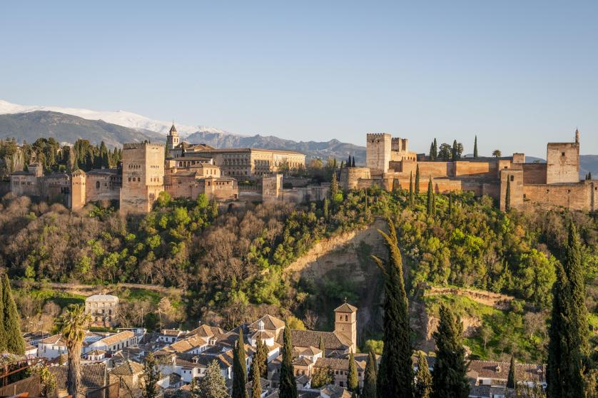 Alhambra on the Sabikah hill, Moorish citadel, Nasrid palaces, Palace of Charles the Fifth, behind Sierra Nevada with snow, Granada, Andalucia, Spain
