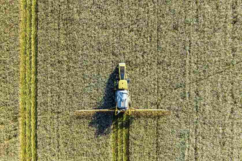 Agricultural crops sprayer spraing herbicides, pesticides or fertilizers on a green field during springtime in Flevoland, Netherlands