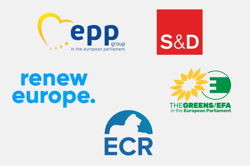 Logotipi skupin EPP, S&D, Prenovimo Evropo, Zelenih/EFA in ECR