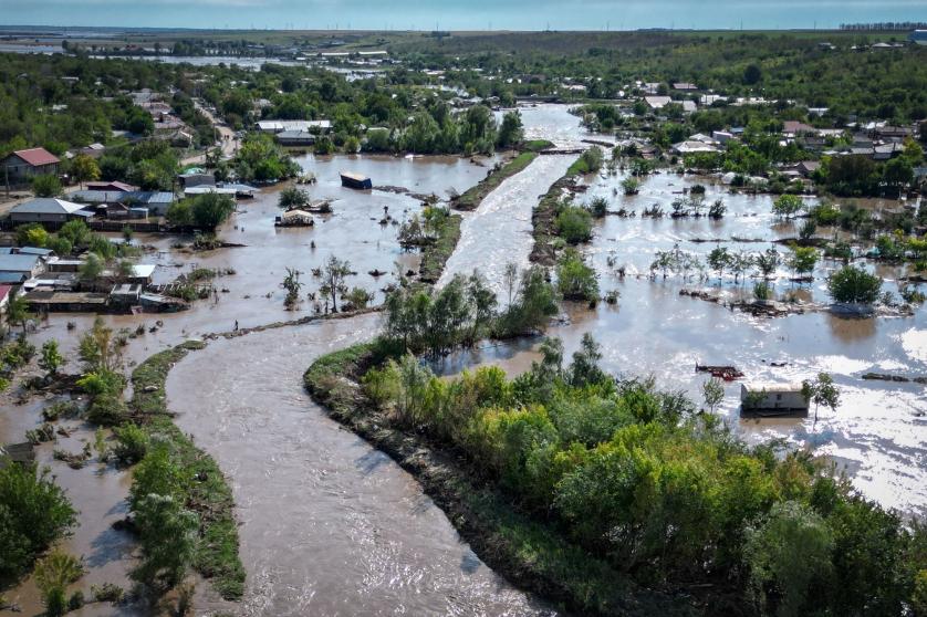 Aerial view of the rising flood waters in the Romanian village of Slobozia Conachi on September 14 2024