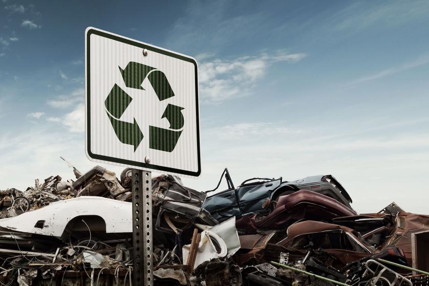 Scrap metal recycling yard of crushed cars