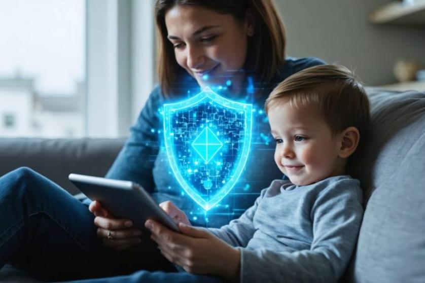 Child with his mum using a tablet knowing it is a secure website for his mental health