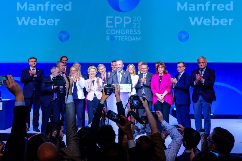The newly-elected President of the European People’s Party, Manfred Weber MEP, surrounded by applauding EPP politicians