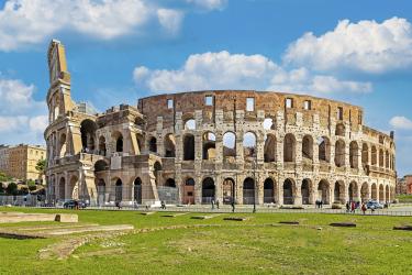 Exterior view of the monumental three-storey Colosseum in Rome, Italy