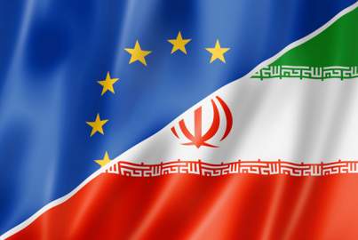 EU flaf and Iran flag