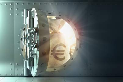 Back lit money bags with euro symbol in vault