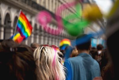 Rear View Of People Walking In Gay Pride Parade