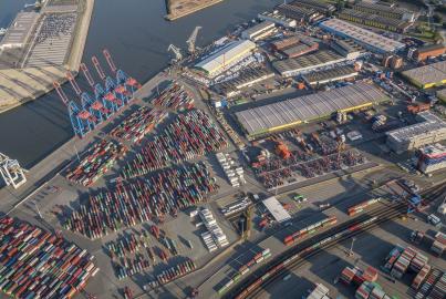 Germany, Hamburg, aerial view of container terminal Tollerort