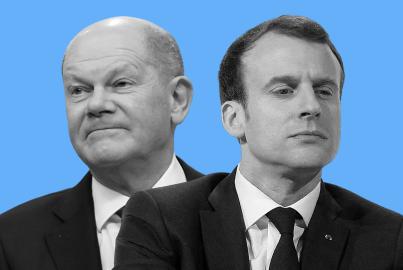 De socialistische bondskanselier van Duitsland Olaf Scholz en de liberale president van Frankrijk Emmanuel Macron