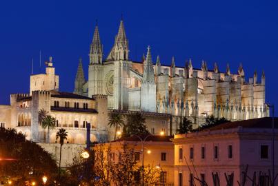 Night View Of The Cathedral Of Palma Mallorca And The Almudaina Palace