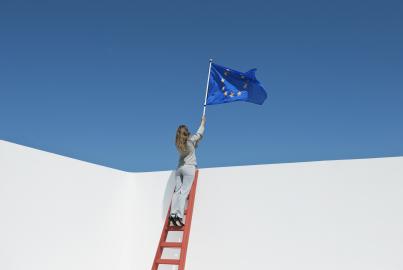 Businesswoman standing at top of ladder, holding European Union flag