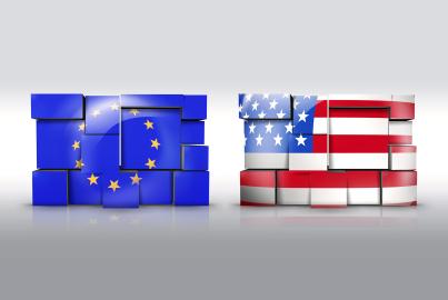 Wall of European Union and United States with national flag