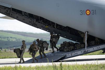 Dutch Army soldiers arrive at 71 Aerial Base Campia Turzii, Romania, on May 14, 2024, by descending from a military cargo plane belonging to Spanish Air Force as part of military exercise Swift Response 24. 