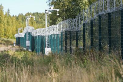 the fence at the Finnish - Russian border is pictured on September 7, 2026 in Nuijamaa, Finland, on the sidelines of a press conference to announce the completion of a 200 kilometre-long border fence on its eastern border, aimed to fend off migrants being "instrumentalised" by neigbouring Russia. 