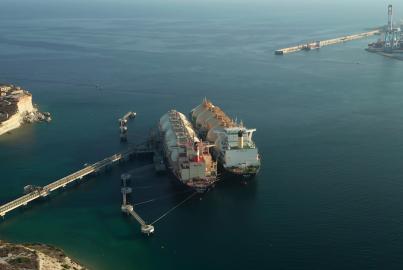 Huge LNG Gas Tankers Storing Gas in Huge containers in Ocean before mediterranean Island Malta